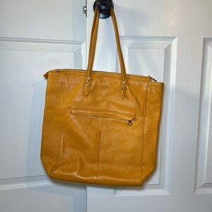 Christopher Kon Deep Yellow Leather Large Tote Purse Pebble Finish Purple Lining